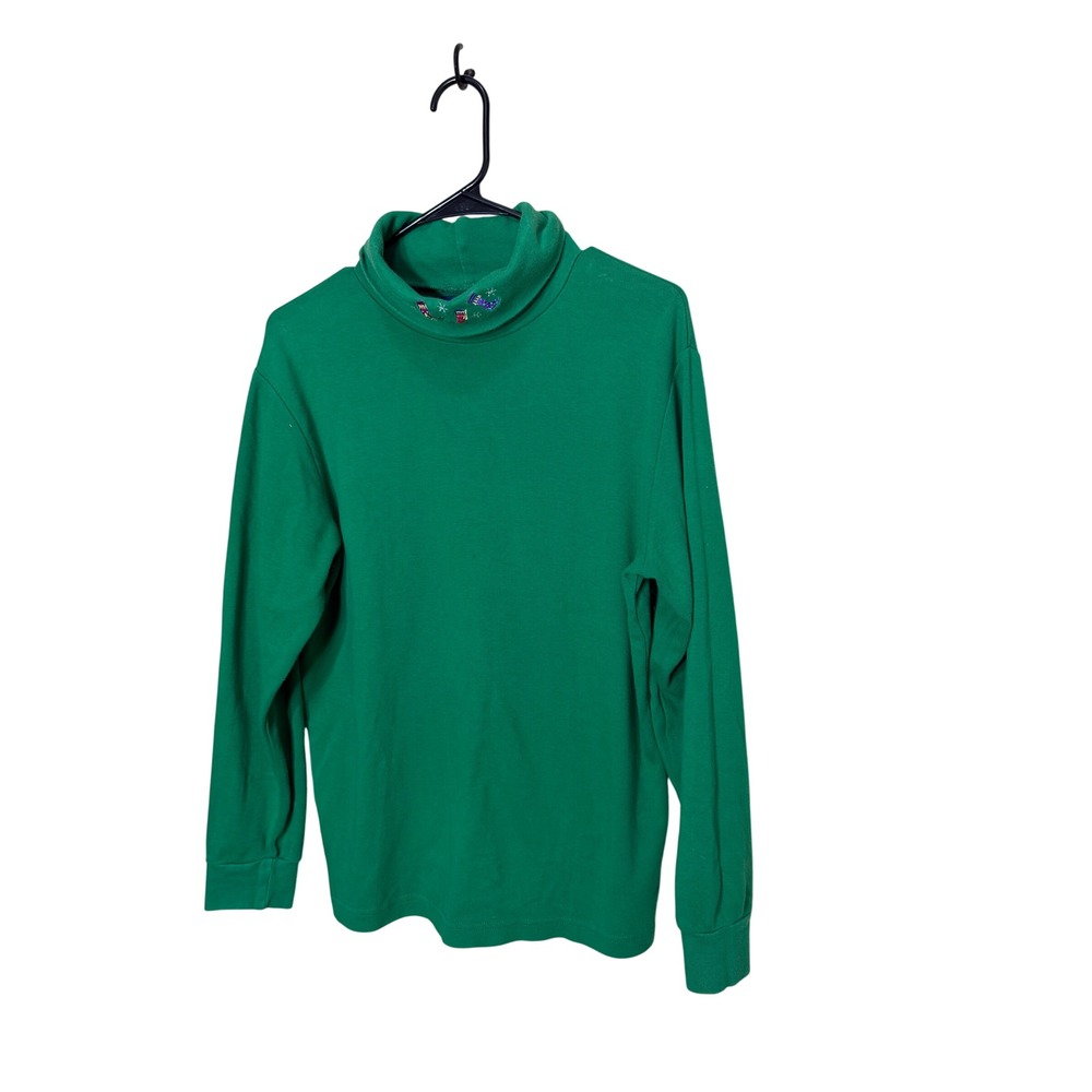 Vintage Karen Scott Green‎ Turtleneck Top Embroidered Christmas Stockings Size L